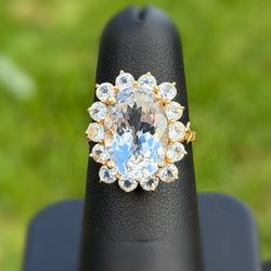 Jewelry 14k solid yellow gold 5.00CTW aquamarine round and oval cuts Ring sz 6