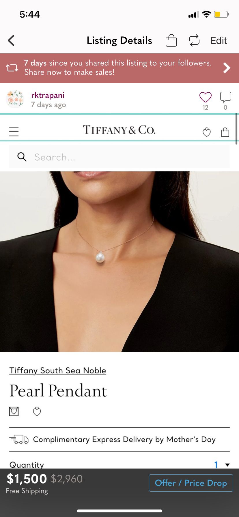 Authentic Tiffany’s Pearl Necklace and Earrings