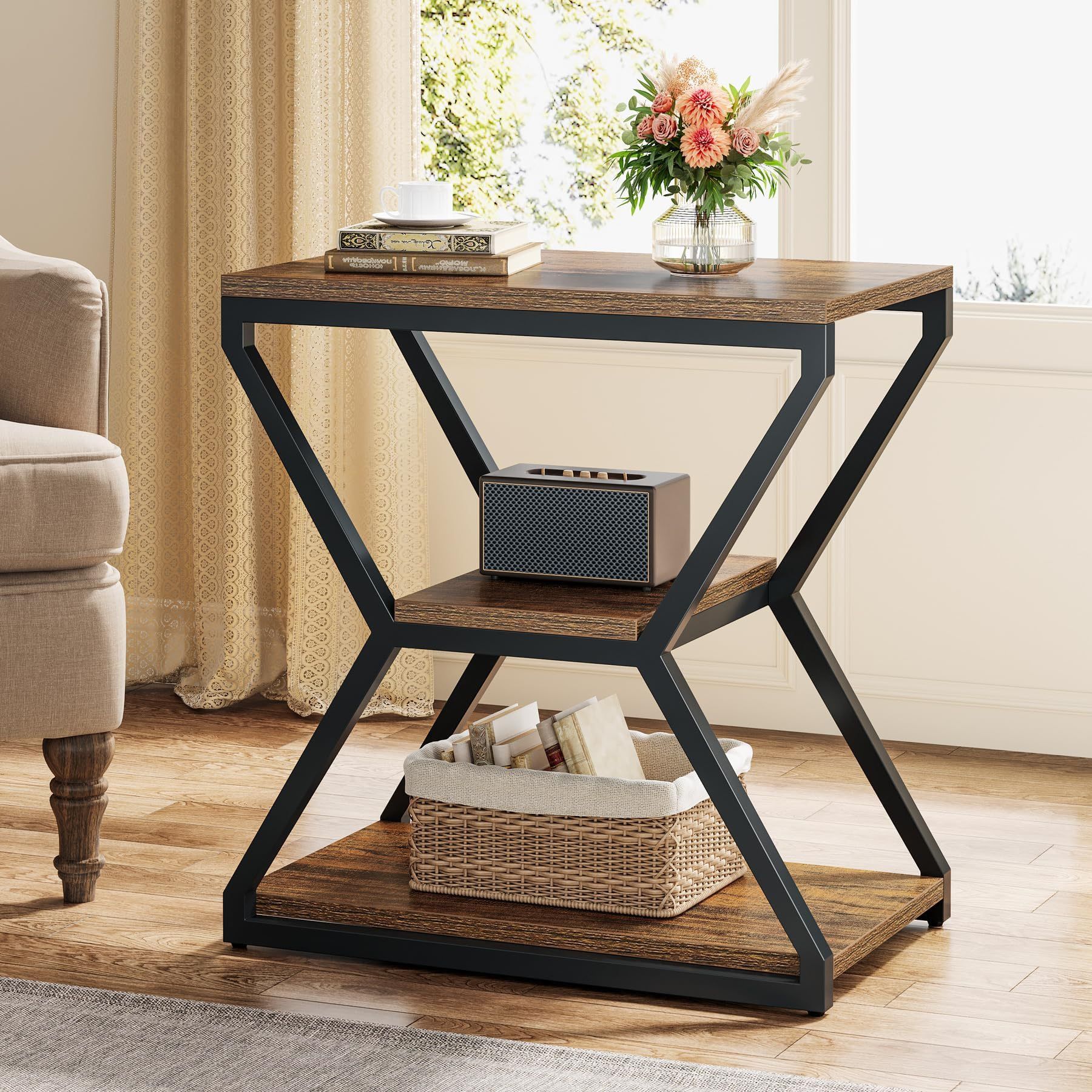 Finmind 3-Tier End Side Table: Industrial Design, Storage Shelves, Wood & Metal Accent Nightstand for Living Room/Bedroom,