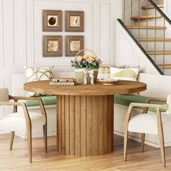 JW1243 47" Solid Wood Dining Table for 4-6, Farmhouse Round Kitchen Table with Striped Pedestal Base, Circle Wooden Dining Room Furniture for Kitchen 