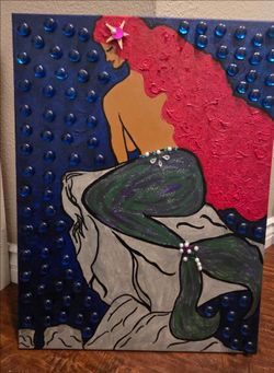 Original Mermaid Multimedia Canvas Painting – Acrylic, Textured Hair & Gems