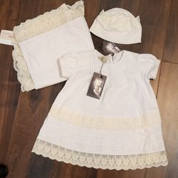 3-6m Baby Girl Botique Laced Matching Nightgown, Blanket And Hat