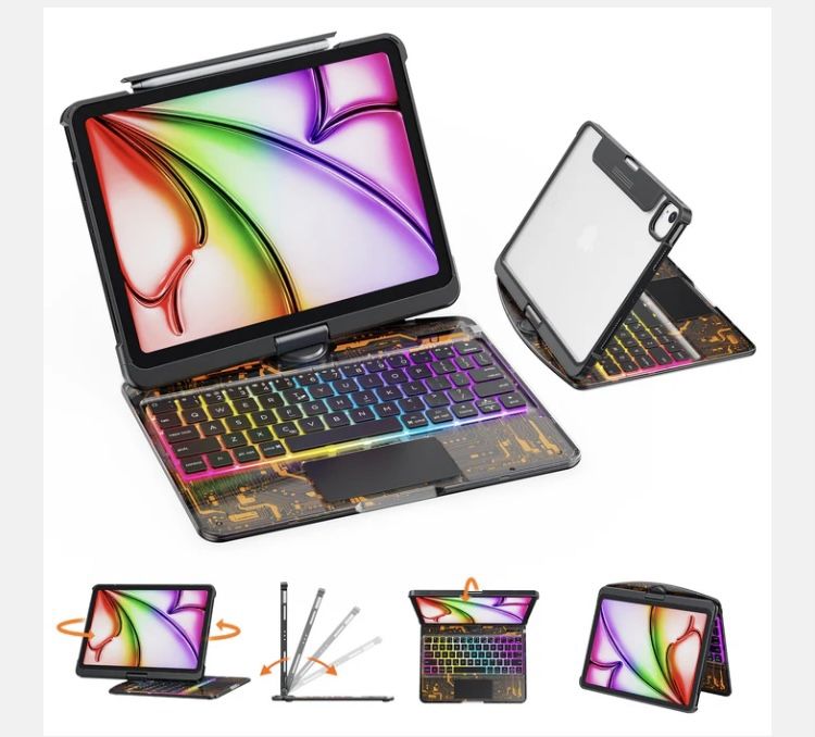 GUSGU Transparent Case with Wireless Keyboard for iPad Air 13-in.(M3/M2, 2025/2024), 7 Colors Backlight, Trackpad, 360°Rotating Stand for iPad Pro 12.