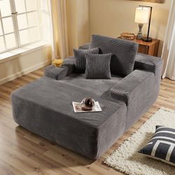 JOJO 67 in. Wide Square Arm Corduroy Modern Rectangle Lazy Sofa Chaise Lounge Couch with Pillows in Gray for Living Room