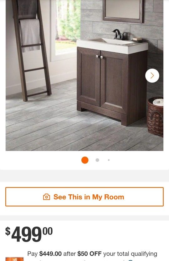 ✨️ $250 W4766 Glacier Bay
Shaila 30.5 in. W x 16.25 in. D x 35.06 in. H Single Sink Bath Vanity in Gray Oak with White Cultured Marble Top imp