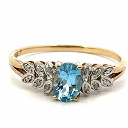 Woman’s Ladies 14k Yellow Gold Oval Light Blue Stone Ring with Leaf Detail Size 10 GP3111811