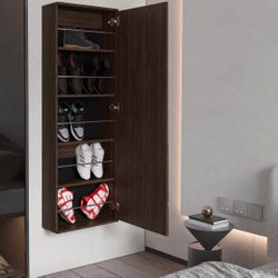 Like New Wall Mounted Wooden Shoe Rack with Mirror