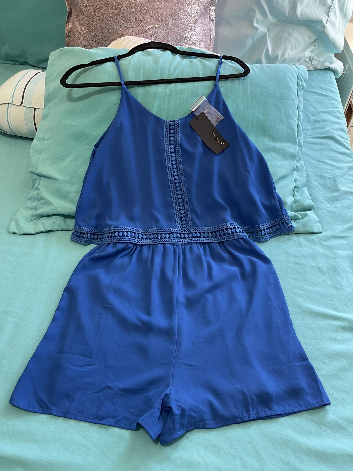 19 Cooper Romper Size Medium , Royal Blue , Embroidered , With adjustable shoulder straps ,New Whit Tags Original