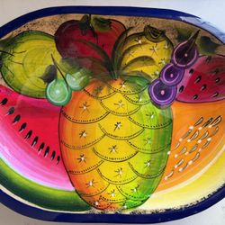 Vibrant Mexican Handmade Hand Painted Large Wooden Bowl Fully Varnished   Glows under black light !   Appprox 14” x 9.5”  
