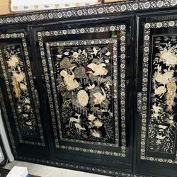 Stunning Large Black Lacquer Three Section Wardrobe with Mother-of-Pearl Inlay From Korea