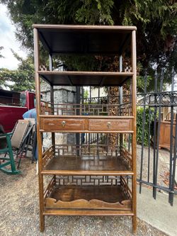 Antique Chinese hardwood tiered etagere display shelf with drawers, bookshelf, Boho bamboo