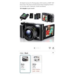 Brand new 4K Digital Camera for Photography, UHD Autofocus 48MP 180° Flip Screen 16X Zoom Compact Point Shoot Vlogging Camera for YouTube with 2 Batte
