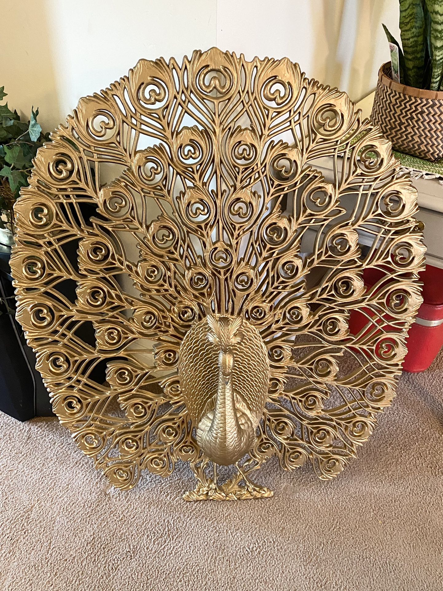 Vintage 1965 Burwood Gold Peacock Wall Hanging, Large 34” Peacock, Statement Wall Decor