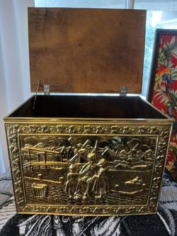 Vintage Embossed Brass Tinder Box Wooden Core