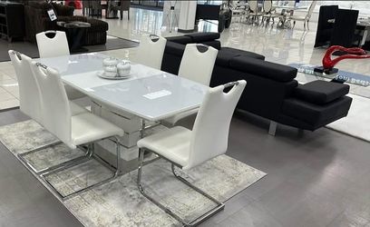 White Dining table extended set with 6 chairs new
