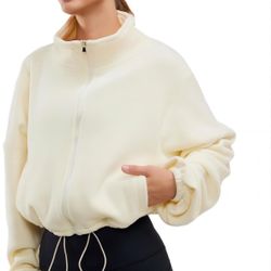 Womens Fleece Zip -up Jacket Sherpa Cropped Jacket  XS