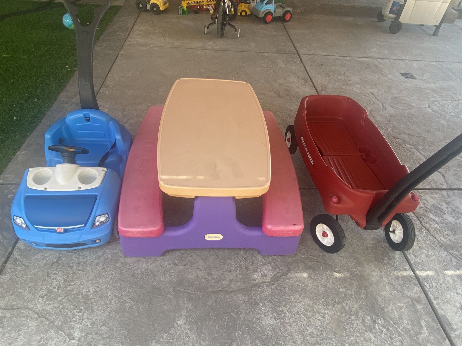 Kids Table, Push Around Cruiser, And Radio Flyer Wagon