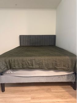 Queen Platform Bed - Grey Velvet Wingback Headboard, No Box Spring Needed