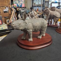 Lenox "Greater Asian Rhino" Fine Porcelain Figurine 1992 Smithsonian Institute, On Solid Wood Stand W/Ogee Edge, Mint Condition
