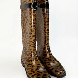 Lauren Ralph Lauren Leopard Print Rain Boot Size 7 Tall Rubber Waterproof Buckle