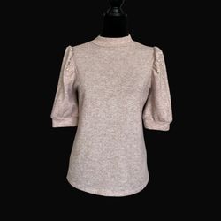 Alison Andrews Women Mock Neck Pearl Beaded Puff Sleeve Beige Top Blouse Small