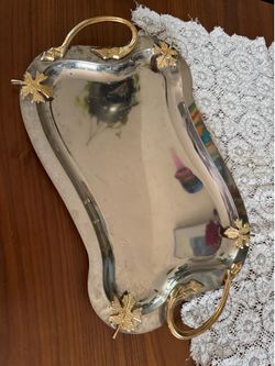 Silver and Gold Leaf Serving Tray Mid Century MCM Vintage