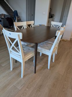 Scandinavian Furniture Walnut Dining Table + 6 White Chairs – $550 OBO