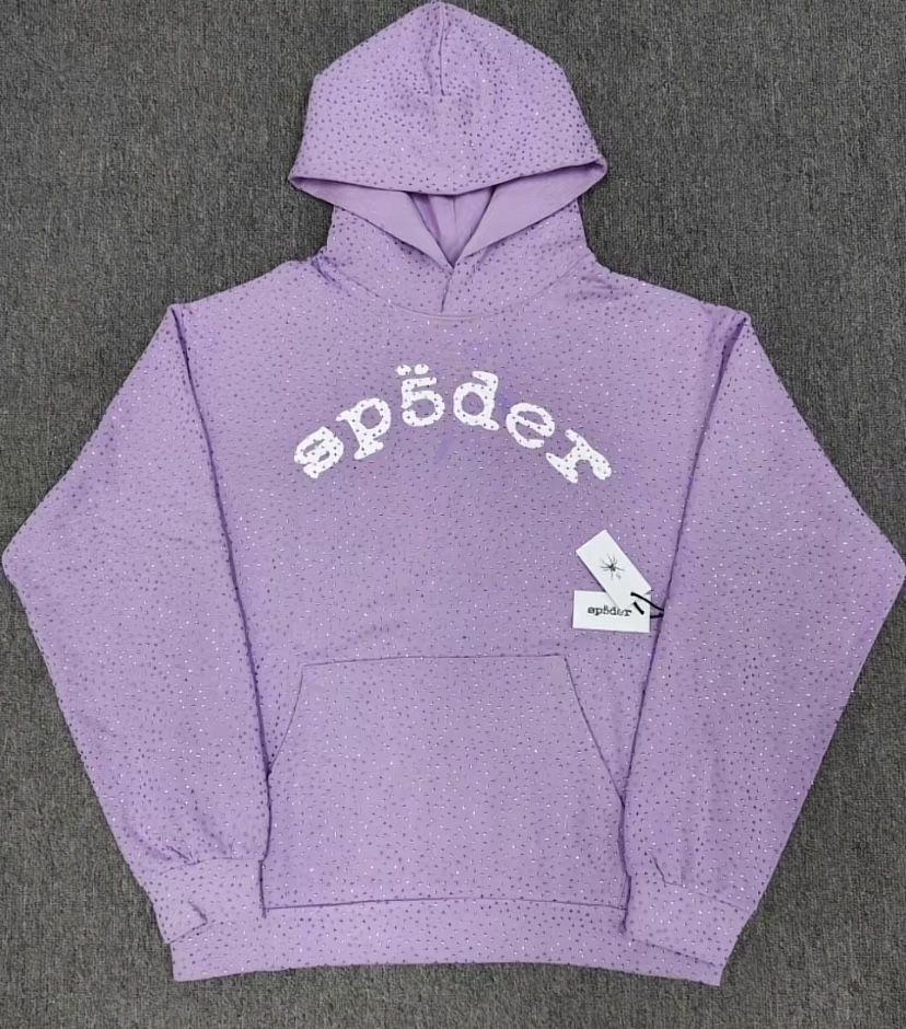 lavender vvs spider hoodie with white lettering