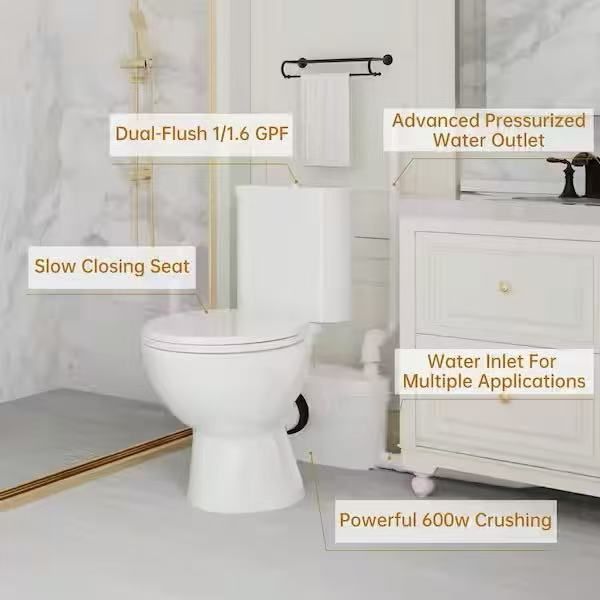 Rear Outlet Macerating Toilet 2-piece 1/1.6 GPF Dual Flush Round Toilet 