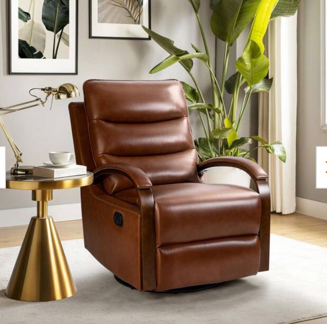 Genuine Leather Swivel Rocking Manual Recliner with Straight Tufted Back Cushion and Curved Mood Arms