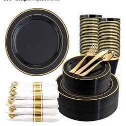 350 Pieces Black and Gold Plastic Plates with Disposable Silverware, Include 50 Dinner Plates 9”, 50 Dessert Plates 6.3”, 50 Black Cups 9 OZ, 50 Pre R