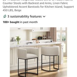 26" H Counter Height Bar Stools Set of 3, Modern Barrel Counter Stools with Backrest and Arms, Linen Fabric Upholstered Accent Barstools for Kitchen I