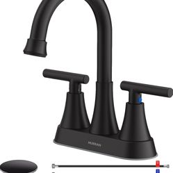 Bathroom Faucets for Sink 3 Hole, Hurran 4 inch Matte Black with Pop-up Drain and 2 Supply Hoses, Stainless Steel Lead-Free 2-Handle Centerset Faucet 