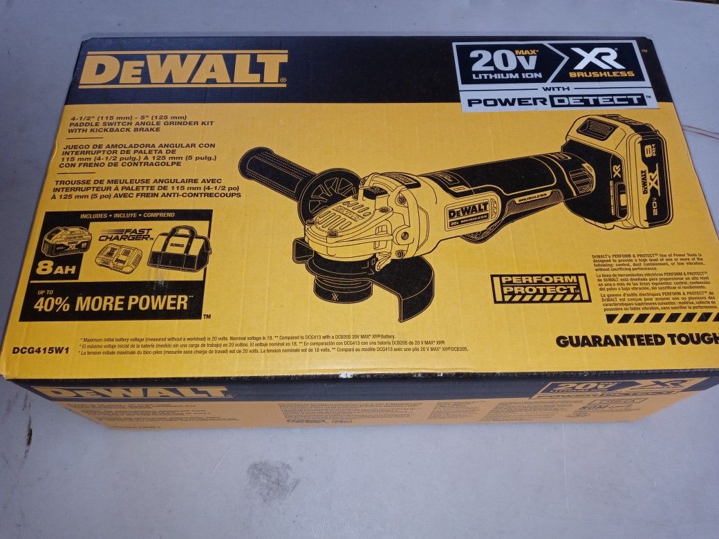 $220. New. DEWALT XR POWER DETECT 4.5-in 20-Volt Max Paddle Switch Angle Grinder (Charger and 1-8ah Battery) DCG415W1