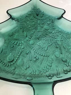 Vintage Green Carnival Glass Christmas Tree Shaped Food Snack Tray Platter Plate.  It measures 13 1/2" long with stem, 11 1/2" just the tray area, 12" Thumbnail