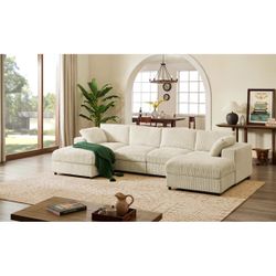 Cream Corduroy Modular Sectional Sofa