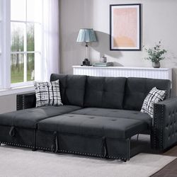 ✅️✅️2 pc black velvet sectional sofa set pull out sleep area with reversible pop up storage chaise nail head trim tufted accents✅️