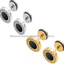 2 Pairs Of 316L Surgical Steel Gold & Silver Greek Key Pattern Men & Women Barbell Stud Earrings