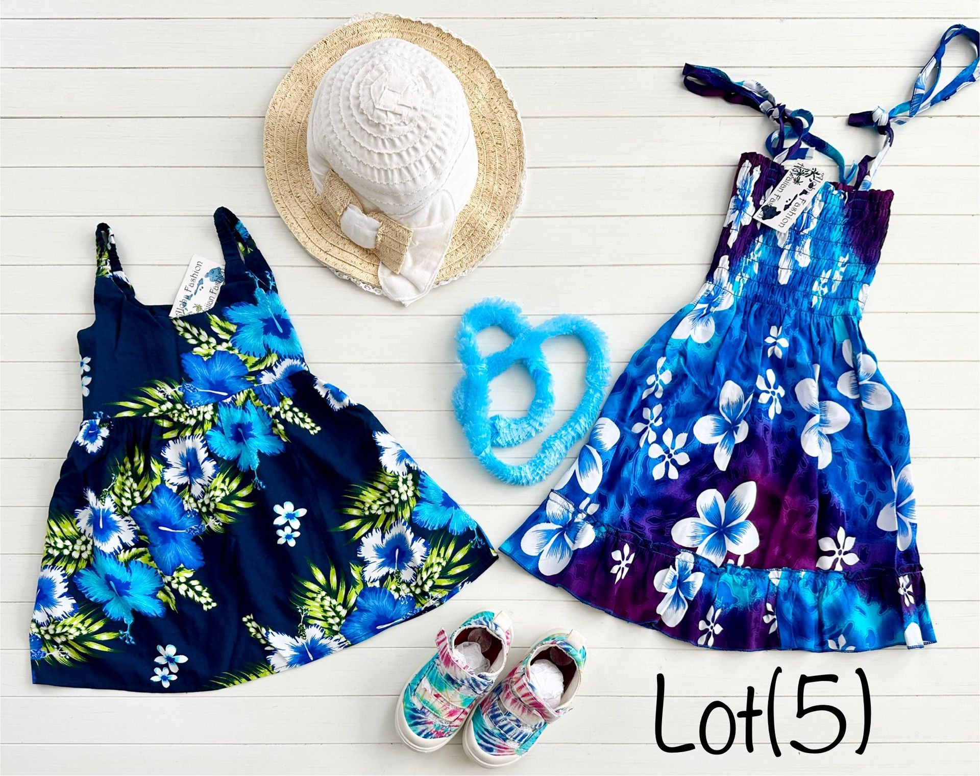 Bundle Of Little Girls New Hawaiian Dresses Shoes Sun Hat Lei Size (12)M Lot(5)
