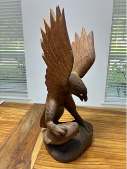 Handmade one piece wood carving eagle catching fish