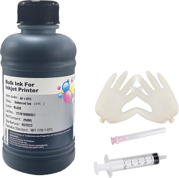 Black Ink Universal Refill Ink Kit Dye Ink 250ml Work for Canon HP Epsn Brother Injet Printers Refillable Cartridge CISS CIS System (9 oz) with Syring