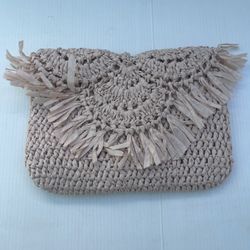 BTB Los Angeles Women's Light Pink Straw Riley Fringe Clutch Purse Bag