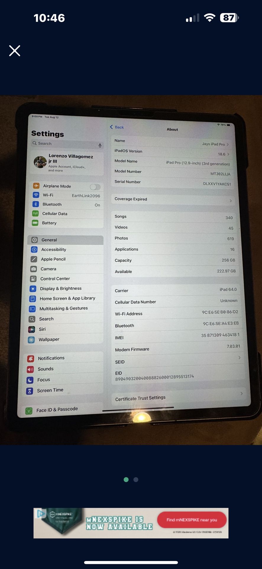 iPad Pro 12.9” 256gb 3rd Gen