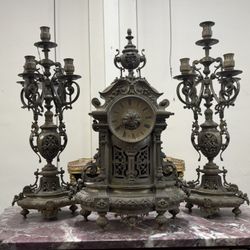 3-pc French Bronze Mantel Clock Set Circa 1880 Clock 