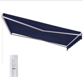 Outsunny 12' x 10' Electric Retractable Awning Sunshade Shelter with Remote Controller, Crank Handle for Deck Balcony Yard, Blue