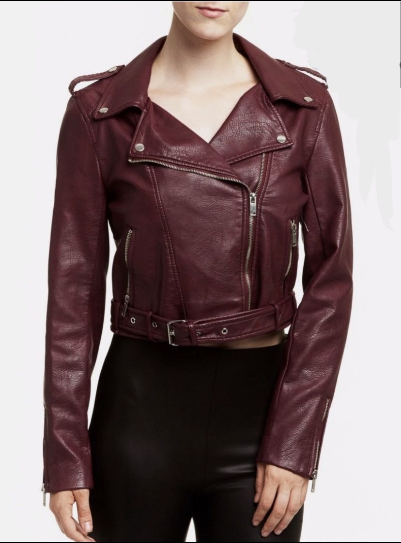 Romeo+Juliet Woman’s Leather Moto Jacket, - Color: Red Wine, - Size: Small, - NWT