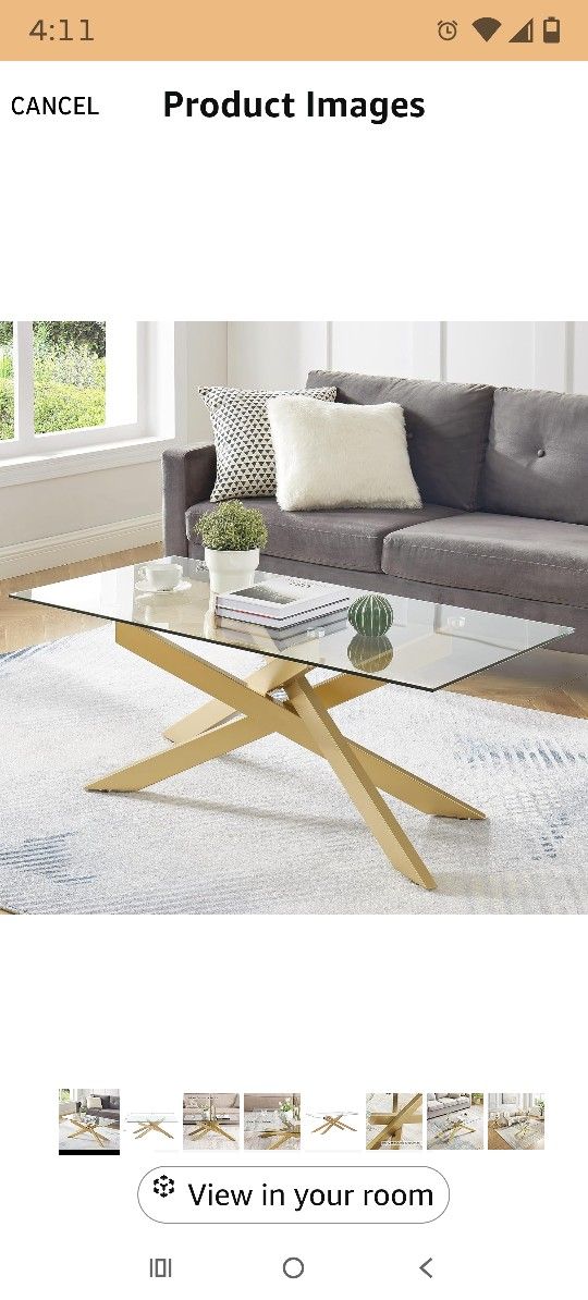Gold Coffee Table for Living Room, Modern Glass Coffee Table with 47 Tempered Glass Top and Metal Tubular Legs for Small Space, Apartment, Office