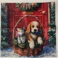Christmas Throw Pillow Cover Winter Dog & Cat Holiday Decor 17” by 17”