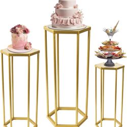 Hexagonal Cylinder Party Pedestal Set of 3, Gold