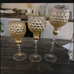 Set Of 3 Gold Mercury Glass Candle Holder